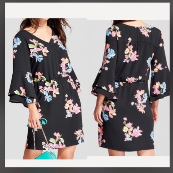 a new day Dresses & Skirts - Black Tropical Floral Print Dress w/Bell Sleeves